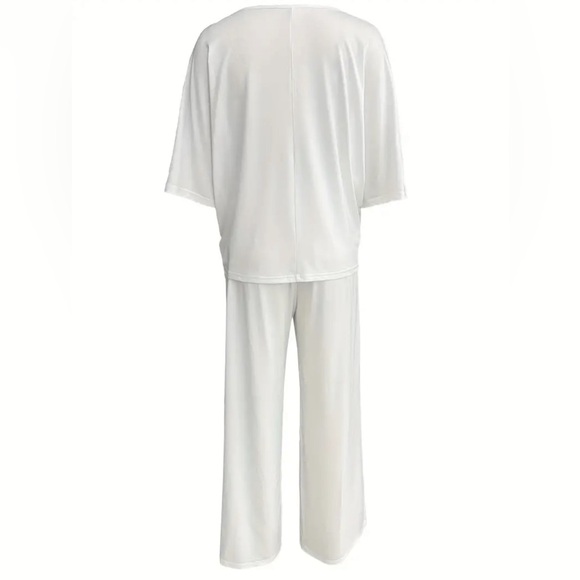 Casual Solid Color Pants Set, Half Sleeve V Neck Top & Wide Leg Pants Outfit - Picture 11 of 12